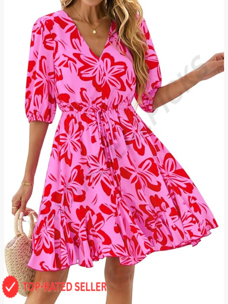 Boho V-Neck Puff Sleeve Mini Dress Relaxed Fit Ruffle Hem Lightweight